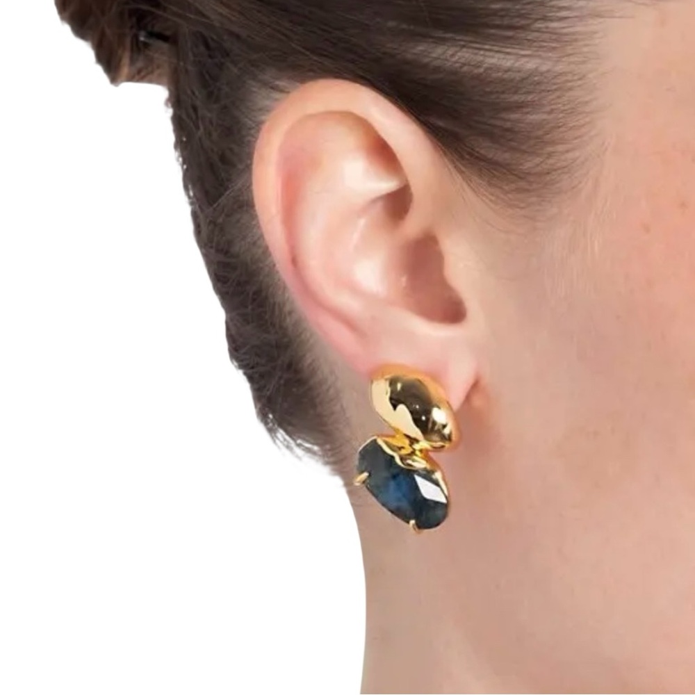 ALEXIS BITTAR Brut Blue Moss Agate Mismatch Earrings in Gold; Signed - NEW